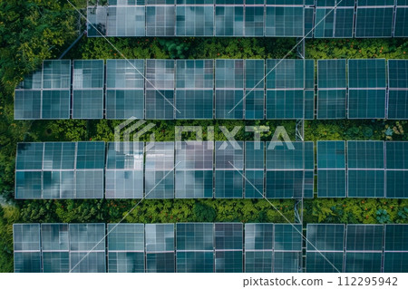 AI-generated content. A series of solar panels are shown in a green forest AI-generated content. A series of solar panels are shown in a green forest 112295942