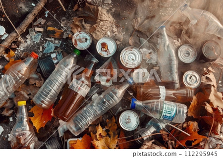 AI-generated content. A pile of trash including bottles, cans, and other debris 112295945