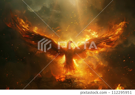 AI-generated content. A fiery bird with its wings spread out in the sky 112295951