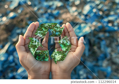 AI-generated content. A hand holding a green recycling symbol 112296014