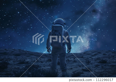 AI-generated content. A man in a spacesuit stands in a field of stars 112296017
