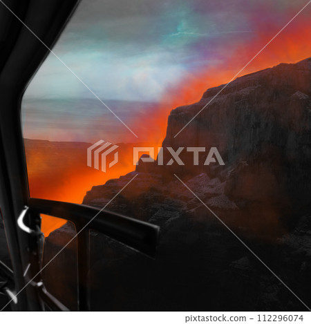 Poster, Contemporary art collage. View from car window showing dramatic neon-lit canyon landscape with vibrant orange color. Urban street style. 112296074