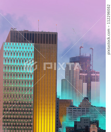 Poster, Contemporary art collage. City skyline with buildings illuminated in neon cyan and yellow, contrasting with purple sky. Urban street style. 112296082