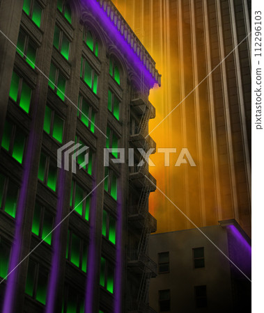 Poster. Contemporary art collage. Night city, full of skyscrapers. Buildings full of colorful neon smoke, fog. Urban street style. 112296103