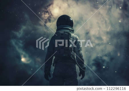 AI-generated content. A man in a space suit stands in front of a cloudy sky 112296116