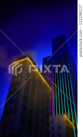 Poster, Contemporary art collage. Futuristic city with skyscrapers and neon lights. Urban street style. Poster, Contemporary art collage. Futuristic city with skyscrapers and neon lights. Urban street style. 112296117
