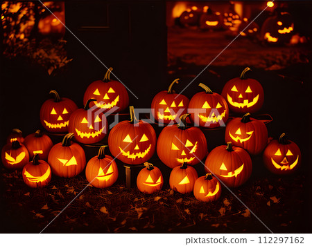 Gloomy jackolantern POV vibrant Kodachrome hues. 112297162