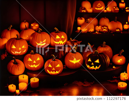 Gloomy jackolantern POV vibrant Kodachrome hues. 112297176