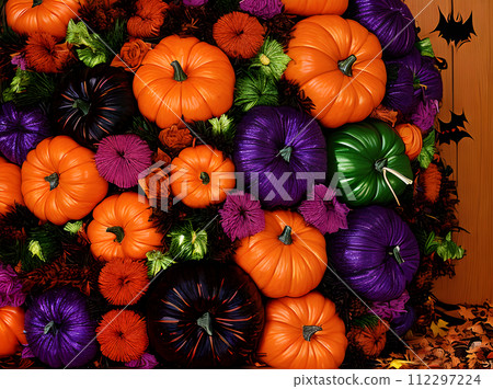 Hyper realistic dark pumpkin closeup rainbow tones. 112297224