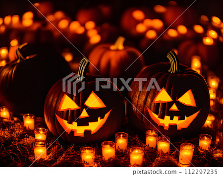 Gloomy jackolantern POV vibrant Kodachrome hues. 112297235