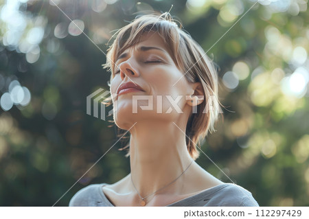 AI-generated content. Portrait of beautiful middle-aged woman experiencing pain outdoors 112297429