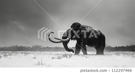 A woolly mammoth walks through the snowy lands of the Ice Age 112297466