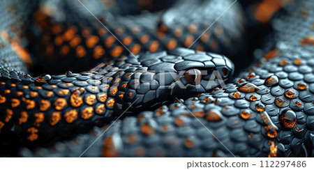 Close-up of a black and orange viper snake 112297486