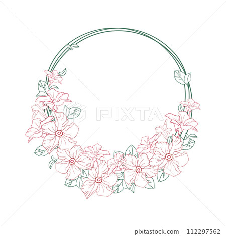 Jasmine circle wreath with line art flower and leaves. Floral frame for card or illustration. Vector background 112297562