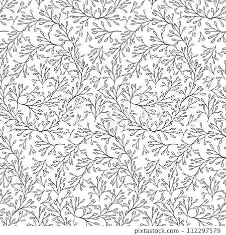 Delicate floral seamless pattern for textile or wallpaper, scrapbook paper. Black and white vector background with hand drawn plants elements for coloring page 112297579