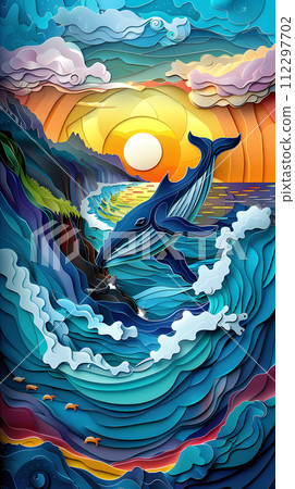 AI-generated content. An azure whale gracefully swims in the painted waters of the ocean, creating a beautiful scene at sunset 112297702