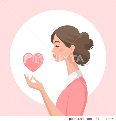 Woman holding a heart. Concept for mental health, support, love and relationships. Illustration. Vector 112297806