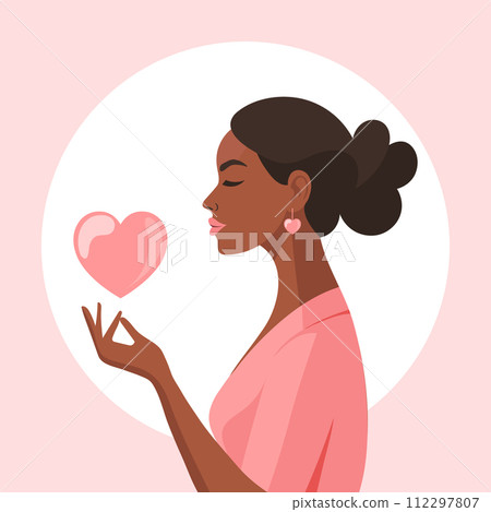 Woman holding a heart. Concept for mental health, support, love and relationships. Illustration. Vector 112297807