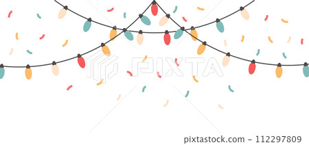 Festive garlands with colorful lights, lamps and confetti. Festive background for any holiday. Vector 112297809