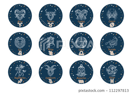 Astrology zodiac signs set, mystical round icons. Esoteric symbols for logo or icons. Vector Astrology zodiac signs set, mystical round icons. Esoteric symbols for logo or icons. Vector 112297813