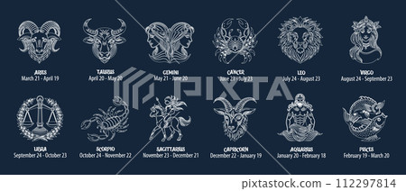 Set of zodiac signs, astrological horoscope signs. Contour white drawings on a blue background. Icons, vector Set of zodiac signs, astrological horoscope signs. Contour white drawings on a blue background. Icons, vector 112297814