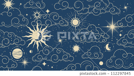 Seamless mystic space pattern with clouds, astrology magic background in tarot style, night sky with clouds and moon, vector 112297845