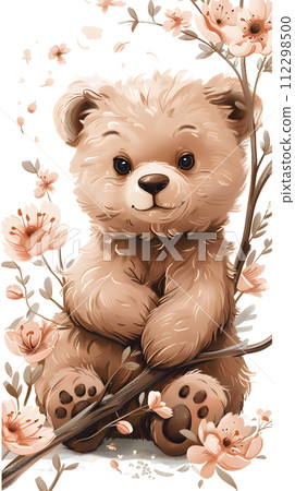 AI-generated content. A stuffed toy teddy bear, with fur and a snout, is perched on a branch surrounded by flowers. It is a companion dog toy, not a carnivore or working animal like a fawn or dog 112298500