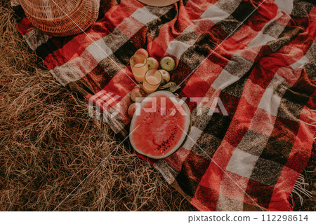 Travel blanket checkered red plaid on grass in summer on sunny day for picnic. Travel blanket checkered red plaid on grass in summer on sunny day for picnic. 112298614
