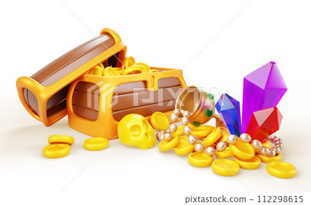 Treasure chest and heap of gold coins, jewelry and gems 3d render. Cartoon isolated pirate wooden box with money pile, diamonds, pearl necklace, goblet with precious rocks and skull. 3D illustration Treasure chest and heap of gold coins, jewelry and gems 3d render. Cartoon isolated pirate wooden box with money pile, diamonds, pearl necklace, goblet with precious rocks and skull. 3D illustration 112298615