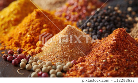 background of various spices closeup 112298652