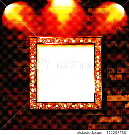 A layout for the presentation of a decorated square-shaped sign in the rays of searchlights. Against the background of an old brick wall. Vector illustration A layout for the presentation of a decorated square-shaped sign in the rays of searchlights. Against the background of an old brick wall. Vector illustration 112298788