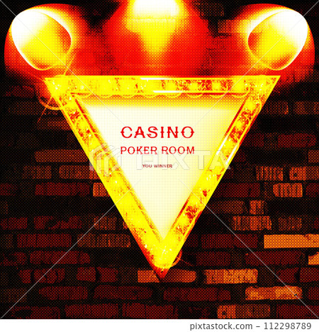A layout for the presentation of a decorated triangular-shaped sign in the rays of searchlights. Against the background of an old brick wall. Vector illustration A layout for the presentation of a decorated triangular-shaped sign in the rays of searchlights. Against the background of an old brick wall. Vector illustration 112298789