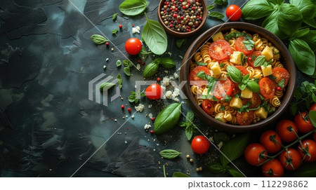 pasta with tomatoes and basil top view 112298862