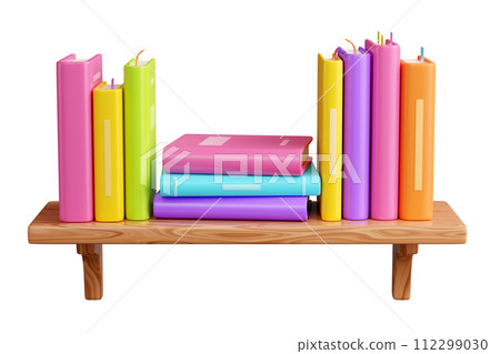 Book stack with hard cover standing and laying on wooden shelf. 3D render illustration of colorful literature row on home, library or store bookshelf with wood texture for reading and education. 112299030