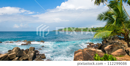 tropical beach with palm trees on the shore. Wide photo. tropical beach with palm trees on the shore. Wide photo. 112299086