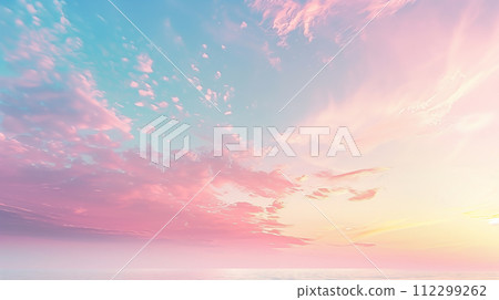 A serene skyscape with soft pastel hues, where the gentle interplay of light and clouds creates a tranquil and dreamy atmosphere. 112299262