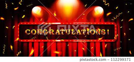 gold Congratulations lettering and confetti on red curtain background. Vector illustration 112299371