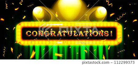 gold Congratulations lettering and confetti on green curtain background. Vector illustration 112299373