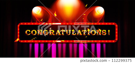gold Congratulations lettering and confetti on violet curtain background. Vector illustration gold Congratulations lettering and confetti on violet curtain background. Vector illustration 112299375