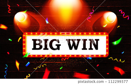 Big Win word on banner against the background of a wooden wall Vector illustration 112299377