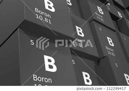 Boron, 3D rendering background of cubes of symbols of the elements of the periodic table, atomic number, atomic weight, name and symbol. Education, science and technology. 3D illustration Boron, 3D rendering background of cubes of symbols of the elements of the periodic table, atomic number, atomic weight, name and symbol. Education, science and technology. 3D illustration 112299417