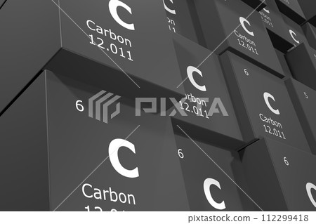 Carbon, 3D rendering background of cubes of symbols of the elements of the periodic table, atomic number, atomic weight, name and symbol. Education, science and technology. 3D illustration 112299418