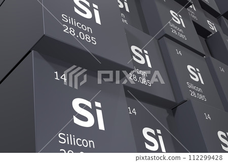 Silicon, 3D rendering background of cubes of symbols of the elements of the periodic table, atomic number, atomic weight, name and symbol. Education, science and technology. 3D illustration 112299428
