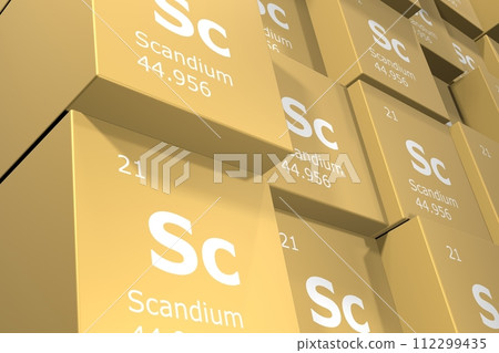 Scandium, 3D rendering background of cubes of symbols of the elements of the periodic table, atomic number, atomic weight, name and symbol. Education, science and technology. 3D illustration 112299435