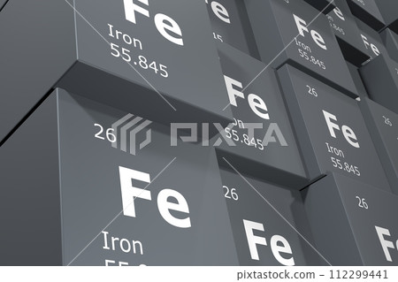 Iron, 3D rendering background of cubes of symbols of the elements of the periodic table, atomic number, atomic weight, name and symbol. Education, science and technology. 3D illustration 112299441