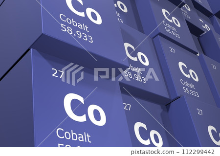 Cobalt, 3D rendering background of cubes of symbols of the elements of the periodic table, atomic number, atomic weight, name and symbol. Education, science and technology. 3D illustration 112299442