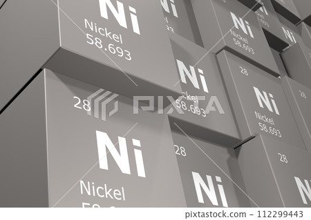 Nickel, 3D rendering background of cubes of symbols of the elements of the periodic table, atomic number, atomic weight, name and symbol. Education, science and technology. 3D illustration 112299443