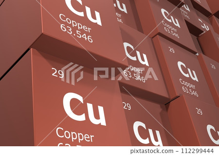 Copper, 3D rendering background of cubes of symbols of the elements of the periodic table, atomic number, atomic weight, name and symbol. Education, science and technology. 3D illustration 112299444