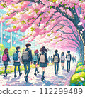 學生們漫步在盛開的櫻花下 112299489