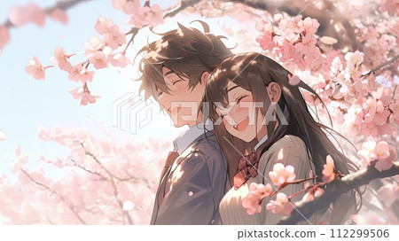 Smiling high school student couple with cherry blossoms 112299506